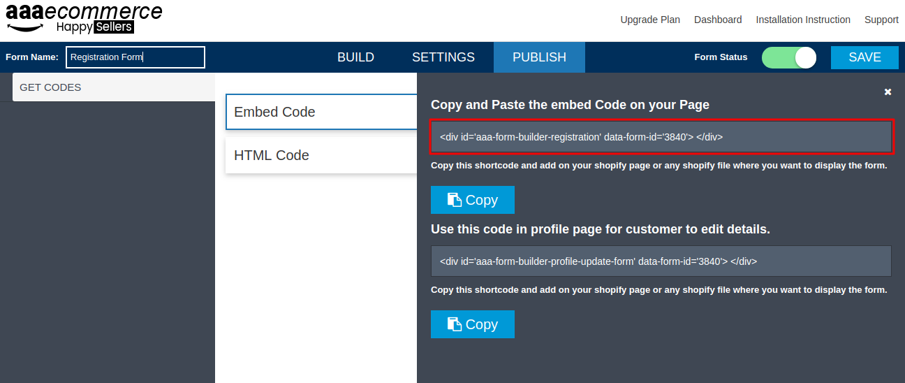 Embed code registration form