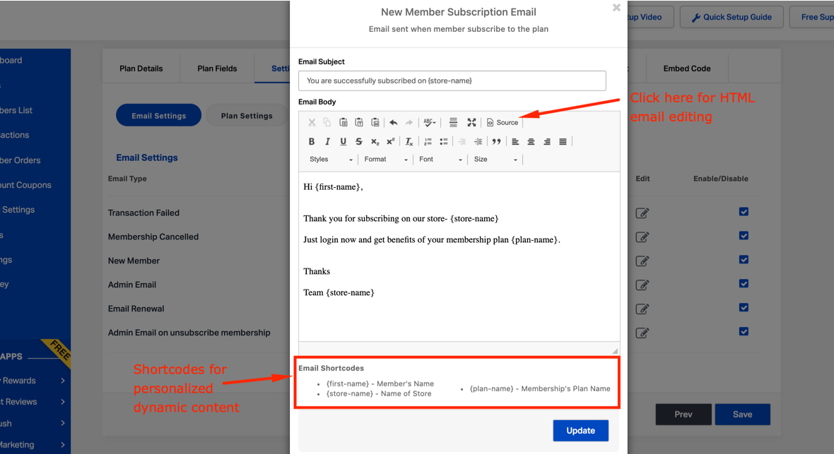 Shopify recurring membership app email autoresponder editor